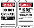 Safety Tag, Header: DANGER, Legend: DO NOT OPERATE MAINTENANCE DEPARTMENT