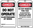 Safety Tag, Header: DANGER, Legend: DO NOT OPERATE ELECTRICIANS AT WORK