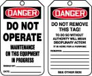 Safety Tag, Header: DANGER, Legend: DO NOT OPERATE MAINTENANCE ON THIS EQUIPMENT IN PROGRESS
