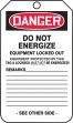 Safety Tag, Header: DANGER, Legend: DANGER DO NOT ENERGIZE EQUIPMENT LOCKED OUT