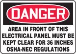 AREA IN FRONT OF THIS ELECTRICAL PANEL MUST BE KEPT CLEAR FOR 36 INCHES OSHA-NEC REGULATIONS