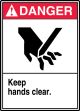 Safety Sign, Header: DANGER, Legend: KEEP HANDS CLEAR (W/GRAPHIC)