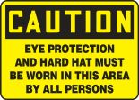 Safety Sign, Header: CAUTION, Legend: EYE PROTECTION AND HARD HAT MUST BE WORN IN THIS AREA BY ALL PERSONS