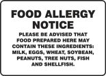 Safety Sign: Food Allergy Notice - Please Be Advised That Food Prepared Here May Contain The Following Ingredients