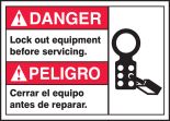DANGER LOCK OUT EQUIPMENT BEFORE SERVICING (BILINGUAL SPANISH)