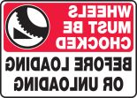 WHEELS MUST BE CHOCKED BEFORE LOADING OR UNLOADING (W/GRAPHIC) (REVERSE LEGEND)