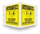 Safety Sign, Header: CAUTION, Legend: CHECK MIRROR FOR TRAFFIC BEFORE PROCEEDING
