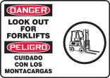 Safety Sign, Header: DANGER, Legend: LOOK OUT FOR FORKLIFTS (W/GRAPHIC) (BILINGUAL)