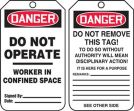 Safety Tag, Header: DANGER, Legend: DO NOT OPERATE-WORKER IN CONFINED SPACE