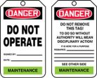 Safety Tag, Header: DANGER, Legend: DANGER DO NOT OPERATE...MAINTENANCE