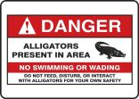 ANSI Danger Safety Sign: Alligators Present In Area - No Swimming Or Wading - Do Not Feed, Disturb, Or Interact With Alligators For Your Own Safety