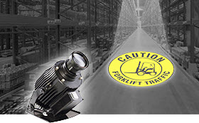 Safety projector with yellow forklift caution sign