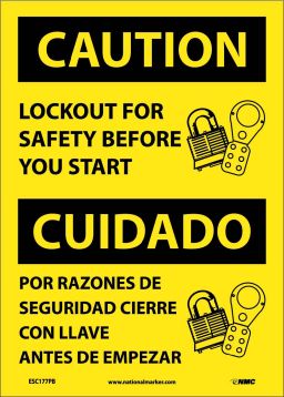 CAUTION LOCKOUT BEFORE START SIGN - BILINGUAL
