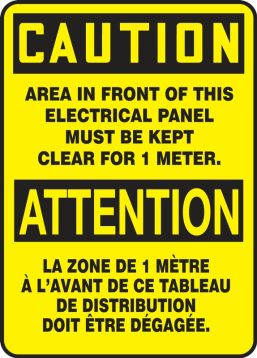 French Bilingual OSHA Safety Sign: Area In Front Of This Electrical Panel Must Me Kept Clear For 1 Meter