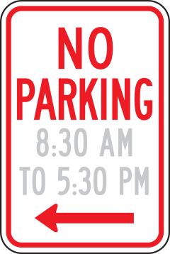 NO PARKING (HOURS RANGE, ARROW LEFT)