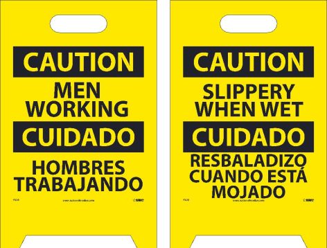 CAUTION SLIPPERY WHEN WET - BILINGUAL DOUBLE-SIDED FLOOR SIGN