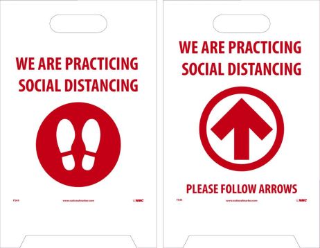 SOCIAL DIST., FOOTPRT/ARROW, RED DBL-SIDED FLOOR SIGN