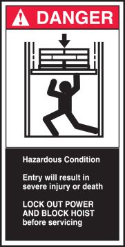 HAZARDOUS CONDITION ENTRY WILL RESULT IN SEVERE INJURY OR DEATH LOCKOUT POWER AND BLOCK HOIST BEFORE SERVICING (W/GRAPHIC)