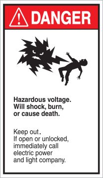 HAZARDOUS VOLTAGE. WILL SHOCK, BURN OR CAUSE DEATH. KEEP OUT. IF OPEN OR UNLOCKED, IMMEDIATELY CALL ELECTRIC POWER AND LIGHT COMPANY (W/GRAPHIC)