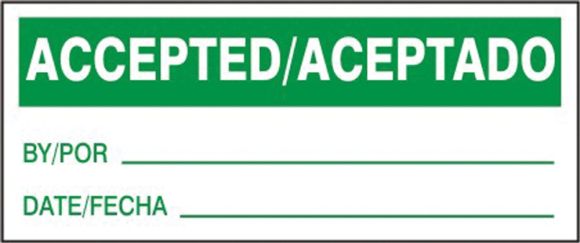 Labeling, Header: ACCEPTED/ACEPTADO, Legend: BY/POR ___ DATE/FECHA ___