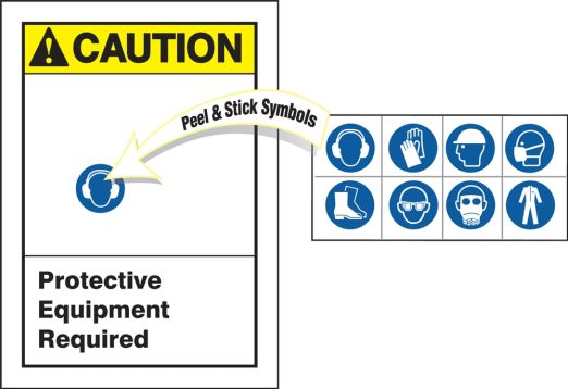 Safety Label, Header: CAUTION, Legend: PROTECTIVE EQUIPMENT REQUIRED