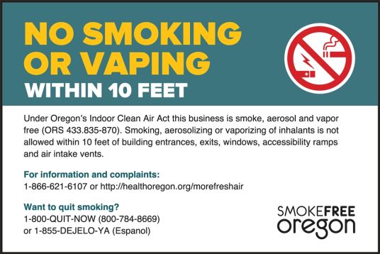 Oregon State Safety Sign: No Smoking Or Vaping Within 10 Feet