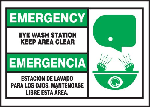 Safety Label, Header: EMERGENCY/EMERGENCIA, Legend: EYE WASH STATION KEEP AREA CLEAR (W/GRAPHIC) (BILINGUAL)