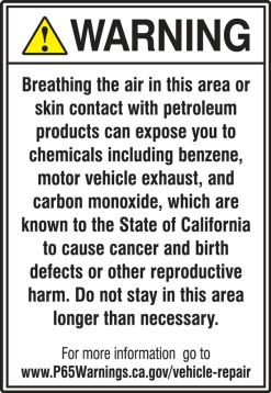 ANSI Warning Safety Sign: Breathing The Air In This Area Or Skin Contact With Petroleum Products Can Expose You To Chemicals Including Benzene