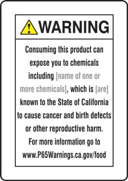 Semi-Custom Prop 65 Food Exposure Safety Sign: Cancer And Reproductive Harm