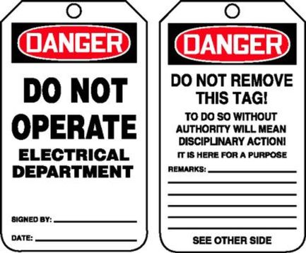 Safety Tag, Header: DANGER, Legend: DO NOT OPERATE ELECTRICAL DEPARTMENT