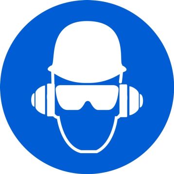 Safety Sign, Legend: (WEAR HEAD, HEARING, & EYE PROTECTION)