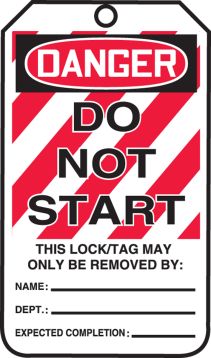 DANGER DO NOT START<BR><BR> PELIGRO NO ENCIENDA ESTE CANDADO/ETIQUETA SÓLO PODRÁ SER REMOVIDO POR: (SPANISH)