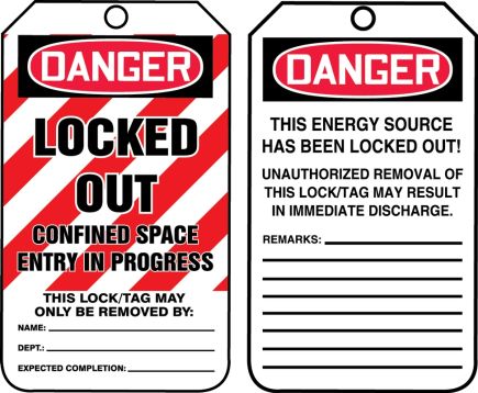 Safety Tag, Header: DANGER, Legend: DANGER LOCKED OUT CONFINED SPACE ENTRY IN PROGRESS