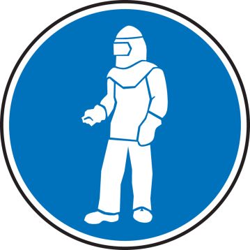 WEAR FULL PROTECTIVE CLOTHING (WHITE/BLUE)