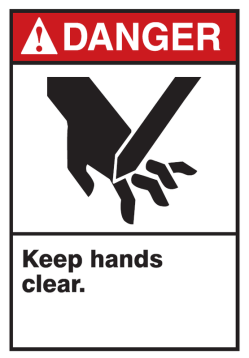 Safety Sign, Header: DANGER, Legend: KEEP HANDS CLEAR (W/GRAPHIC)
