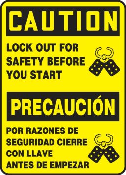 Safety Sign, Header: CAUTION/PRECAUCIÓN, Legend: LOCK OUT FOR SAFETY BEFORE YOU START (W/GRAPHIC) (BILINGUAL)