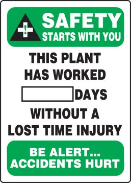 SAFETY STARTS WITH YOU THIS PLANT HAS WORKED #### DAYS WITHOUT A LOST TIME INJURY BE ALERT ... ACCIDENTS HURT