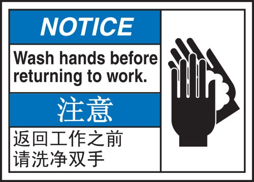 NOTICE WASH HANDS BEFORE RETURNING TO WORK (W/GRAPHIC)