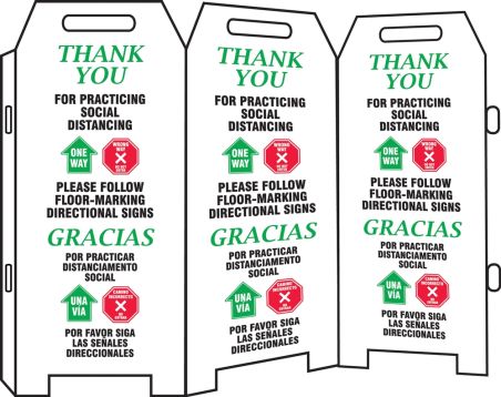 Triple-sided Fold-Ups® Safety Sign: Thank You For Practicing Social Distancing Please Follow Floor Marking Directional Signs (Bilingual-Spanish)