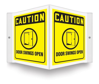 Safety Sign, Header: CAUTION, Legend: DOOR SWINGS OPEN