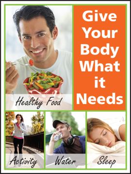 Motivation Product, Legend: GIVE YOUR BODY WHAT IT NEEDS: HEALTHY FOOD, ACTIVITY, WATER, SLEEP