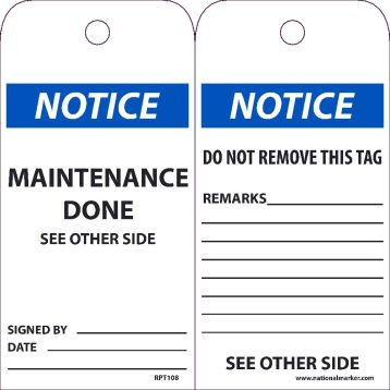 NOTICE MAINTENANCE DONE SEE OTHER SIDE TAG