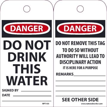 DANGER DO NOT DRINK THIS WATER TAG