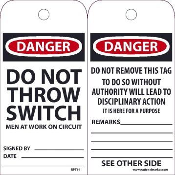 DANGER DO NOT THROW SWITCH MEN AT WORK ON CIRCUIT TAG