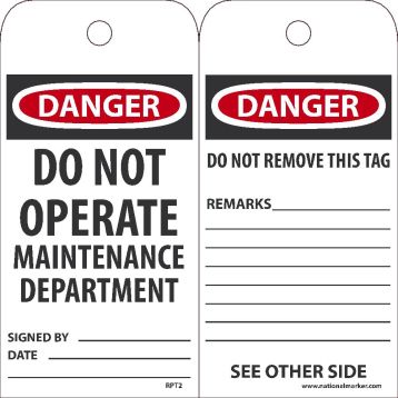 DANGER DO NOT OPERATE MAINTENANCE DEPARTMENT TAG_