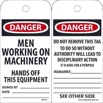 DANGER MEN WORKING ON MACHINERY HANDS OFF THIS EQUIPMENT TAG