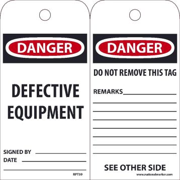 DANGER DEFECTIVE EQUIPMENT TAG