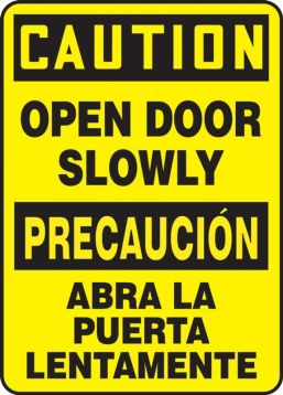 Contractor Preferred Bilingual OSHA Caution Safety Sign: Open Door Slowly