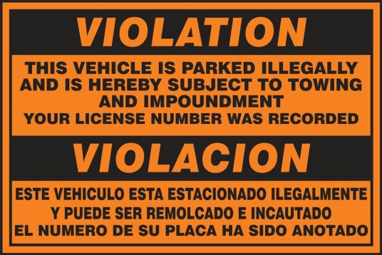 Parking Violaton Labels: Violation - This Vehicle Is Parked Illegally And Is Hereby Subject To Towing