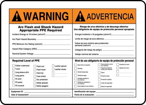 Safety Sign, Header: WARNING, Legend: ARC FLASH AND SHOCK HAZARD APPROPRIATE PPE REQUIRED…(BILINGUAL)